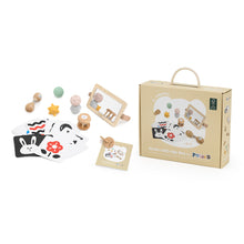 Polar B wooden toy set with cards and packaging on a white background