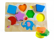 Wooden puzzle Elephant holding balloons of different colours and shapes