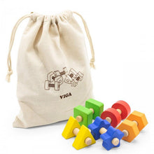 Colorful wooden shape sorting toys with a Viga drawstring bag on a white background