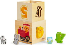 Wooden nesting stacking blocks shape sorter with coloured viewing windows