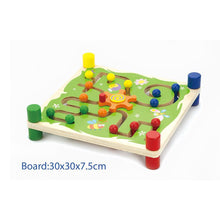 Wooden toy slide pegs and turn cog to move and sort colours