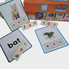 Educational CVC word cards with animals and letters, featuring a 'CVC Toolbox' in the background.
