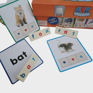 Educational CVC word cards with animals and letters, featuring a 'CVC Toolbox' in the background.