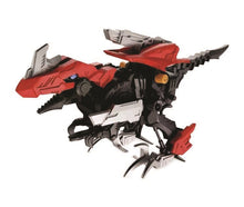 Toy dinosaur with red and black colors on a white background
