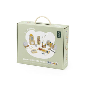 PolarB Grow-with-Me Box packaging with wooden toys on a white background