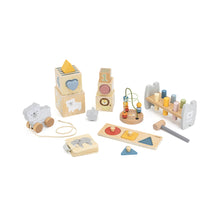 Set of wooden toys including stacking blocks, a hammer, and geometric shapes on a white background
