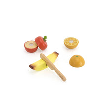Set of wooden toy fruits including an apple, banana, and oranges on a white background