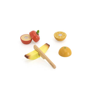 Set of wooden toy fruits including an apple, banana, and oranges on a white background