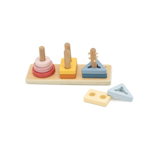 Set of wooden shape sorting toys on a white background