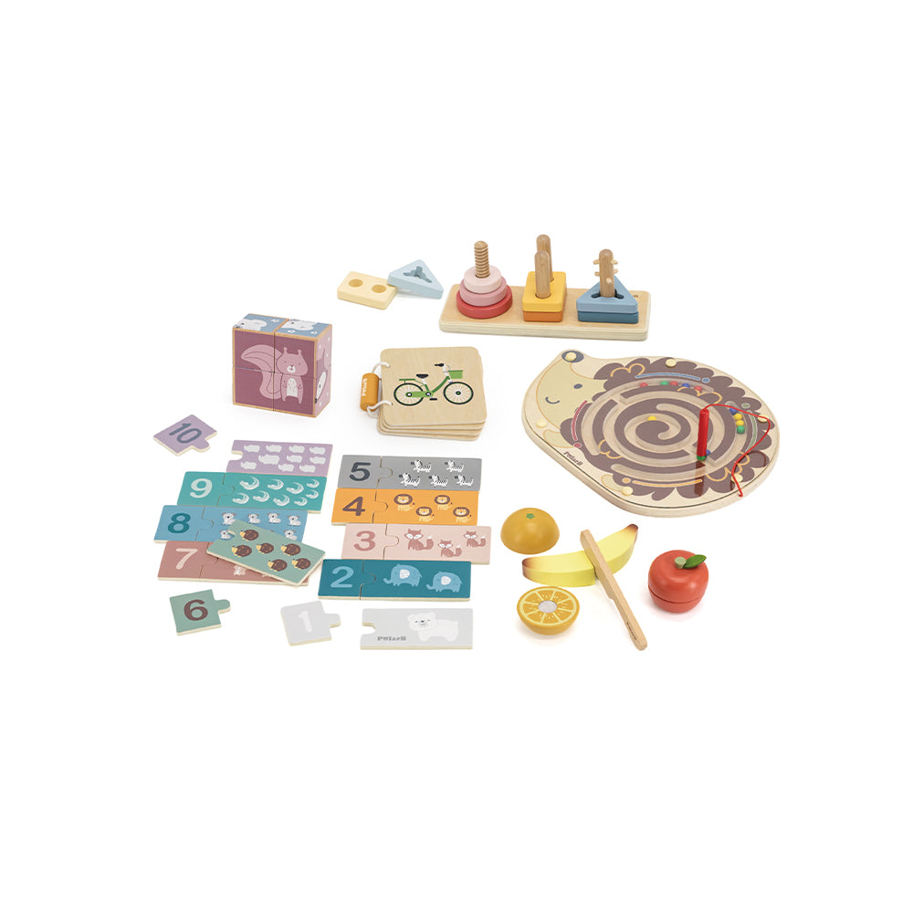 Set of colorful wooden educational toys montessori preschool toddler 