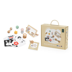 Polar B wooden toy set with cards and packaging on a white background
