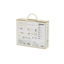 Cardboard box with product images and text on a white background