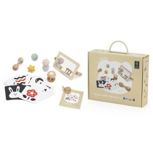 Children's educational toy set with cards and wooden toys next to its packaging on a white background