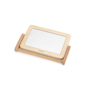Digital photo frame with wooden border on a white background baby toy