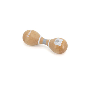 Wooden baby toy with a white label on a white background