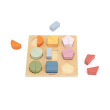 Wooden geometric shape sorting puzzle with colorful blocks on a white background