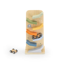 Wooden toy with colorful ramps and a car on a white background