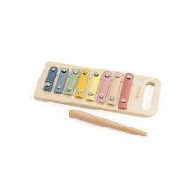 Colorful wooden xylophone with a wooden mallet on a white background