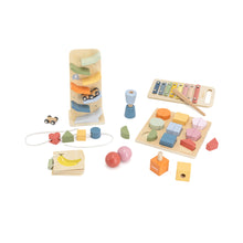Set of wooden toys including a xylophone, blocks, and sorting toys on a white background