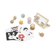 Collection of baby toys and cards on a white background Montessori baby toys 