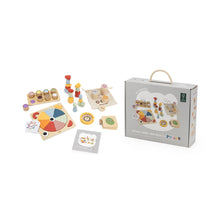 Set of wooden toys with a box on a white background educational developmental toys
