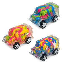 Three colorful toy cars with transparent bases on a white background
