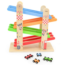Colorful wooden toy track with cars on a white background