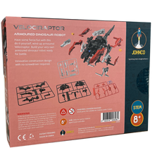 Back view of a toy Velociraptor robot packaging with assembly instructions and branding details.