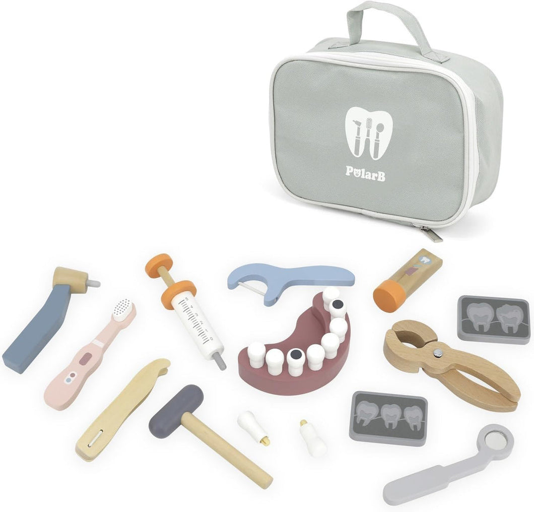 Set of dental tools with a gray carrying case featuring a tooth logo on a white background.