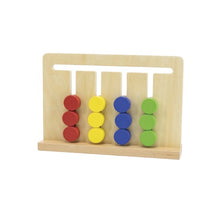 Colorful abacus toy with wooden frame and colorful beads on a white background