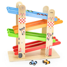 Colorful wooden toy race track with cars on a white background
