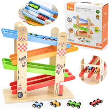 Wooden toy race track set with cars, packaging, and close-up details on a white background