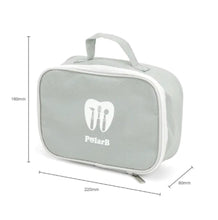 Gray toiletry bag with 'PolarB' logo and measurements on a white background