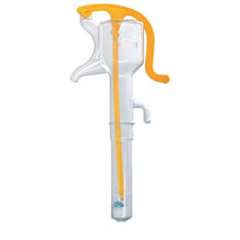Clear plastic pipette with orange handle on a white background