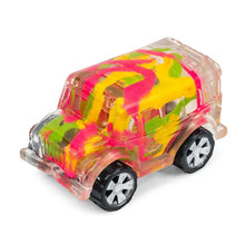 Colorful toy car with a transparent base on a white background
