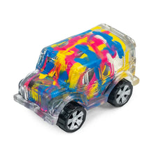 Colorful toy car with tie-dye design on a white background