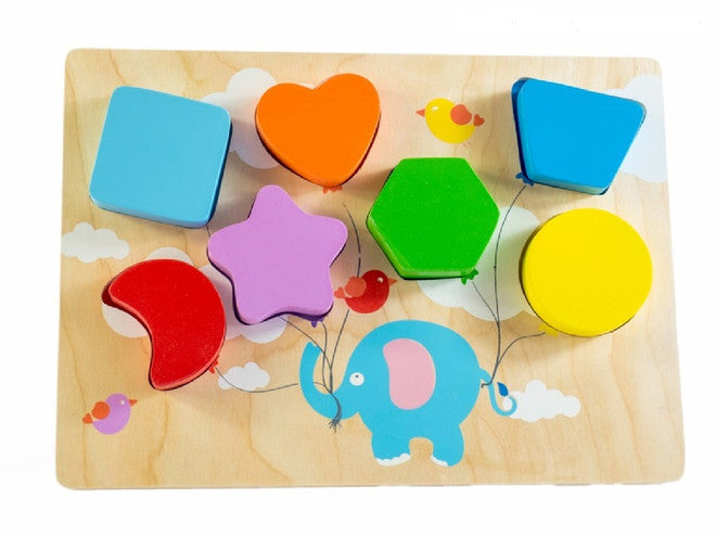 Wooden puzzle Elephant holding balloons of different colours and shapes