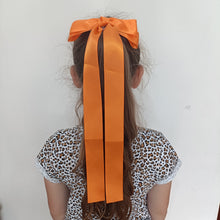 Person with long hair tied back with two orange ribbons against a plain background