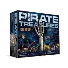 Pirate Treasures toy set packaging with skeleton hand and treasure chest on a blue background
