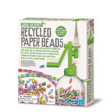 Box of Green Creativity Recycled Paper Beads with colorful beads and green tool illustration.