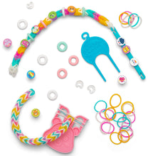 Colorful hair accessory set with tools on a white background