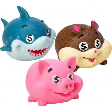 Three colorful animal figurines: a shark, a hedgehog, and a pig, on a white background.
