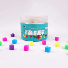 Container of Stickikubes with colorful cube toys on a white background