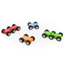 Set of four colorful toy race cars on a white background