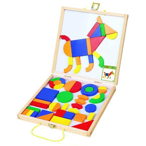 Wooden case with magnetic shapes and picture cards