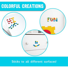 Colorful creations with text 'FUN' and smiley face on a white background, with a blue banner at the top and bottom.