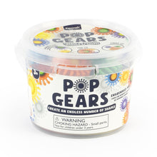 Container of Pop Gears toy with colorful packaging on a white background