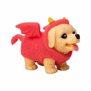 Toy figure of a dog in a red costume on a white background