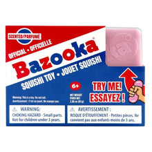 Bazooka squishy toy packaging with red and blue design on a white background