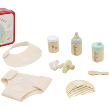 Wooden baby doll playset in tin